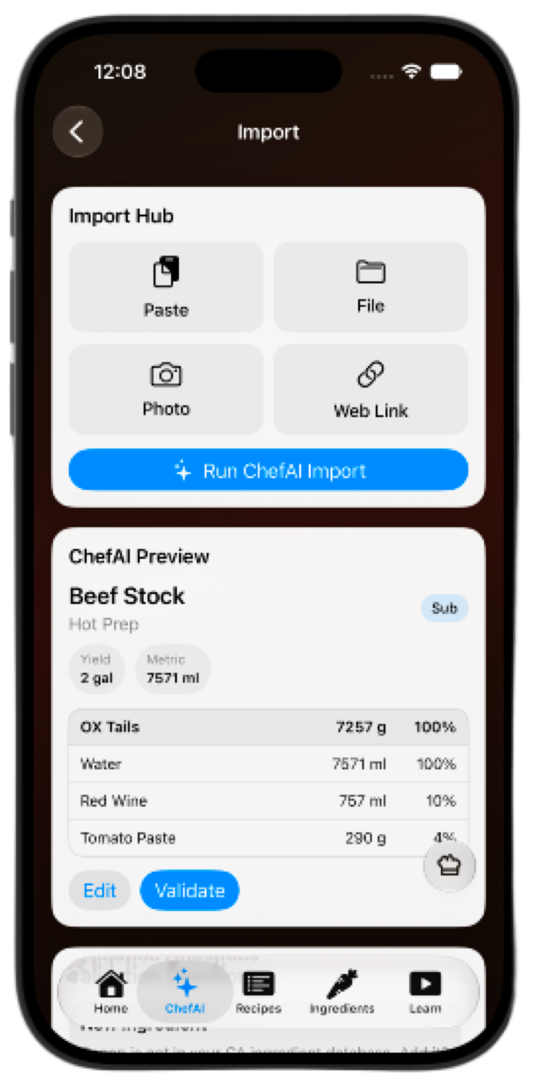 ChefAI recipe import screen showing ratio percentages